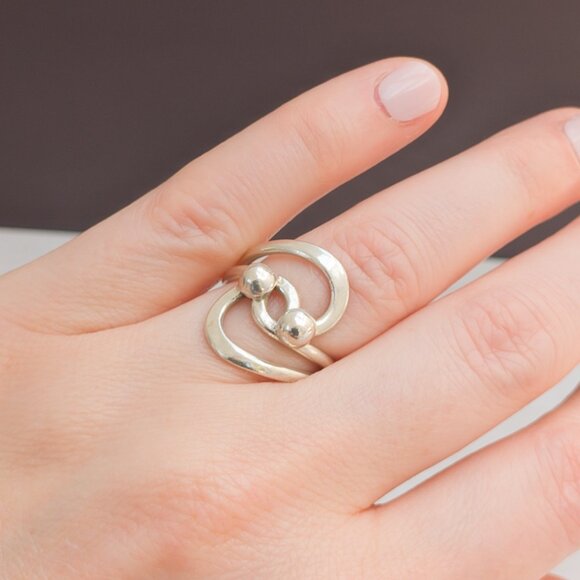 Hand‑Made Modernist Sterling Bypass Ring | Size 5 ¾ | Abstract Orb Design - Picture 10 of 10